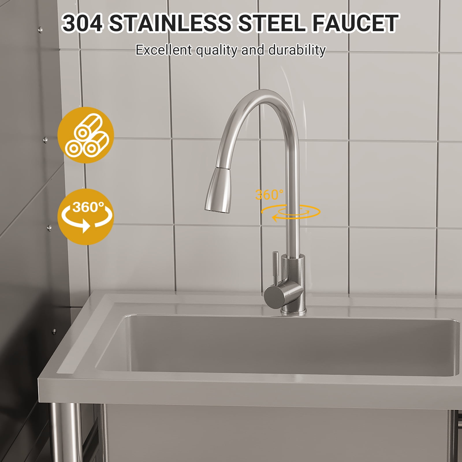 Freestanding Commercial Stainless Steel Sink,Single Bowl Kitchen Sink with Water Pipes,Adjustable Legs,Suitable for Laundry Room,Farmhouse(Water Pipe)