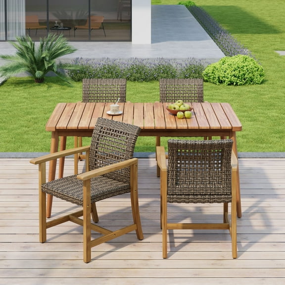 Christopher Knight Home 5-Piece Patio Dining Set, 63" Slatted Wood Table with 4 PE Rattan Chairs, Teak Mocha