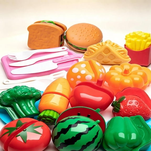 Pretend Cutting Play Food Set for Kids Kitchen, Fake Fruits Veggies Burger Sandwich Fries Waffle Juice Drink Chips with Utensils Cutting Board, Educational Gift for Toddlers Boys Girls