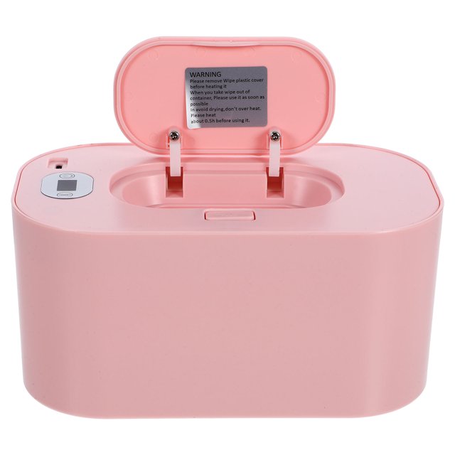 Minkissy Temperature Control Wet Tissue Heater Wipes Heating Box in pink, crafted from durable ABS material. Compact design measuring 20.00x12.00x9.50cm, featuring a USB-powered heating system and an open lid revealing the wipe compartment. Suitable for warming baby wipes at home or while traveling, often categorized alongside towel warmers for bathroom convenience.