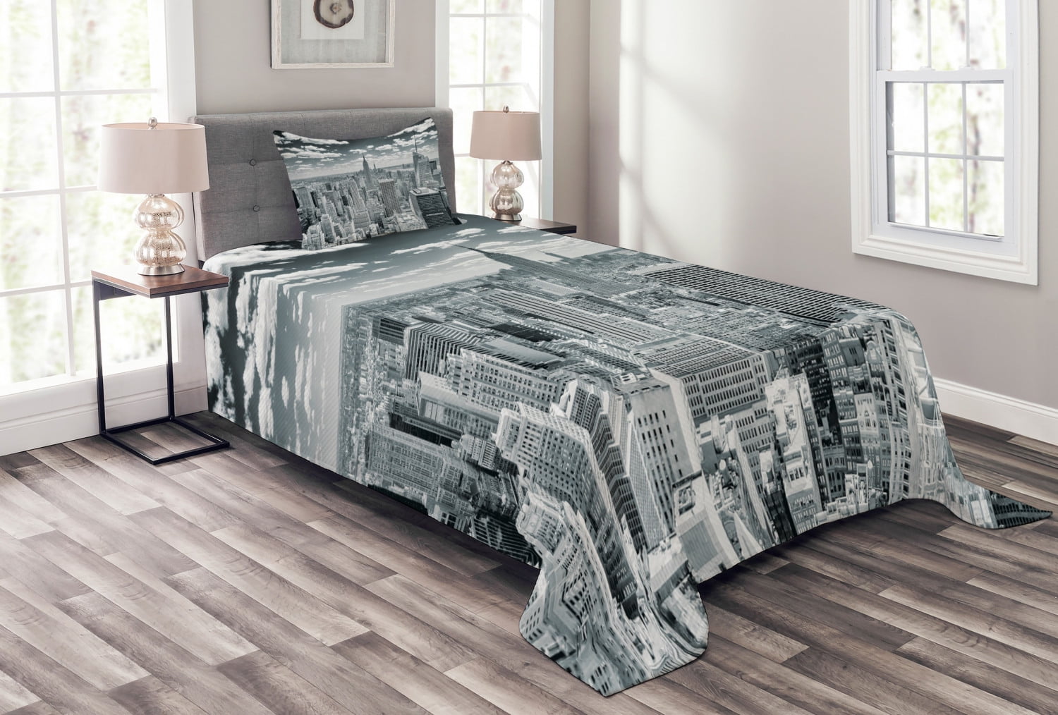 New York Bedspread Set Twin Size, NYC over Manhattan from Top of