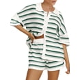 thumbnail image 2 of Argulvti Women Pajamas Set 2 Pieces Loungewear Suits Viscose Stripe Contrast Color Button Crochet Knit Tops and Shorts Lounge Sets, 2 of 6