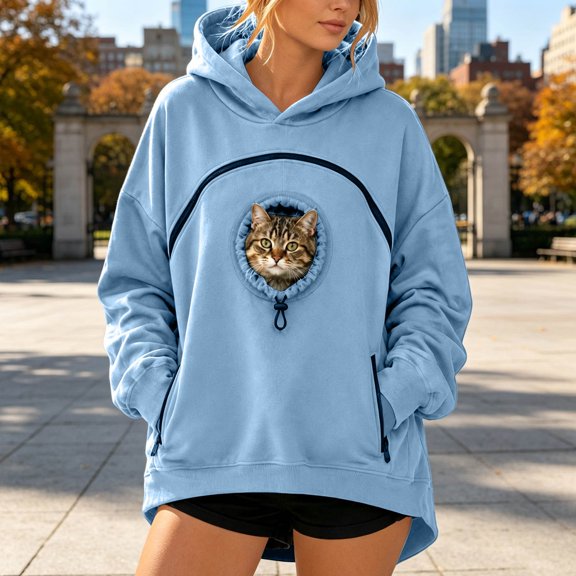 WAYUTE Womens Pet Pouch Hoodie Front Hollow Out Design Oversized with Stretch Holding Hole Long Sleeve Solid Color Sweatshirt Comfortable Casual Streetwear