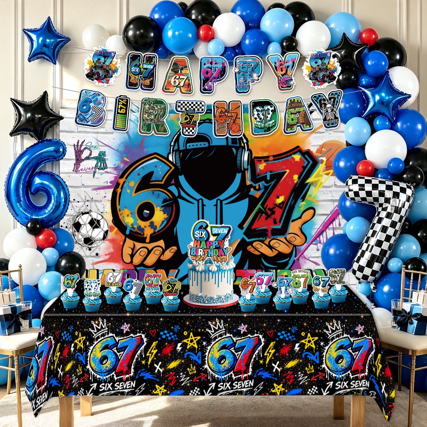perfect 6th & 7th Birthday Decorations for Boys: Hip-hop graffiti and street-style party supplies including a “Happy Birthday” banner cake and cupcake decorations balloons and a backdrop