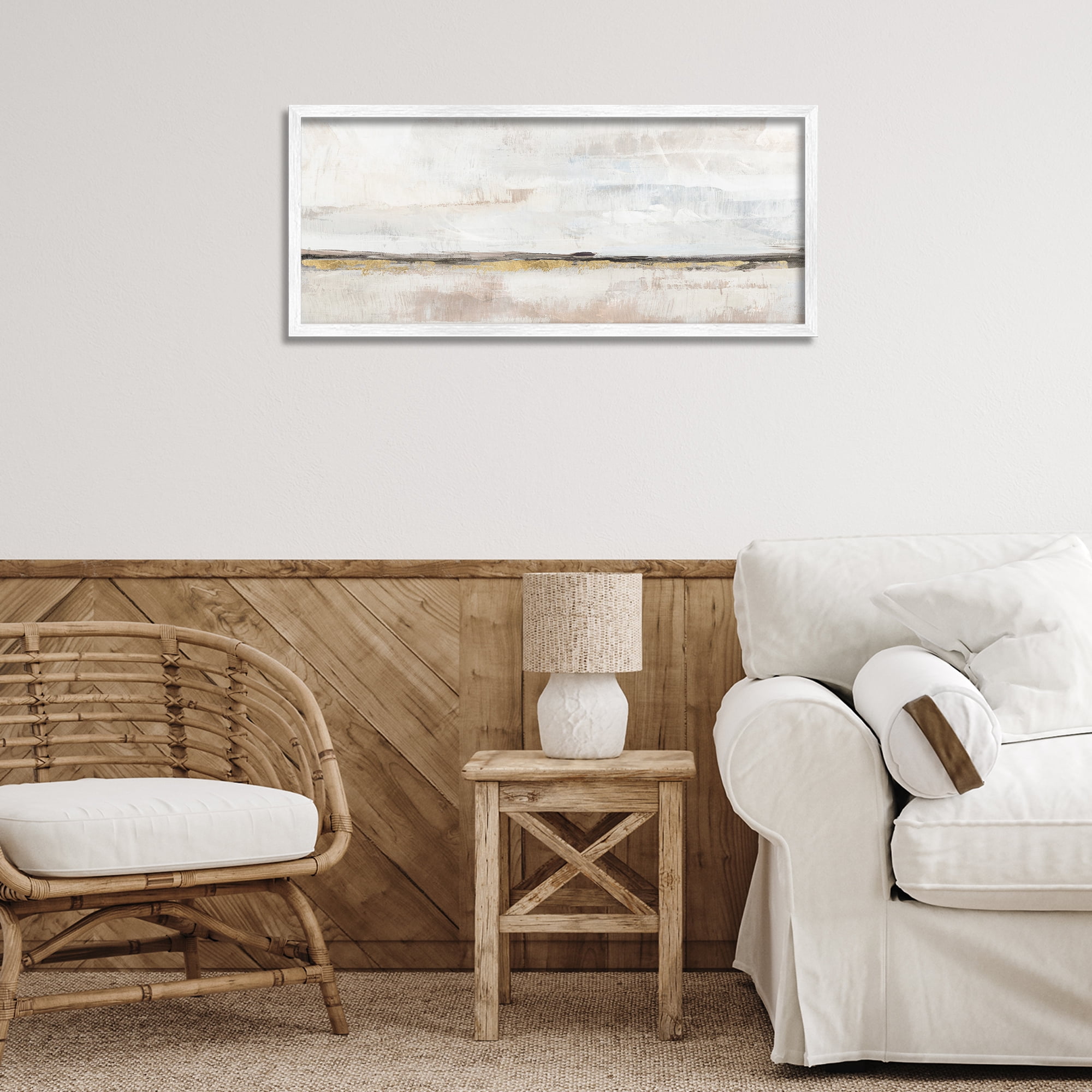 Stupell Industries Neutral Horizon Landscape Abstract Painting White Framed Art Print Wall Art, 30 x 13