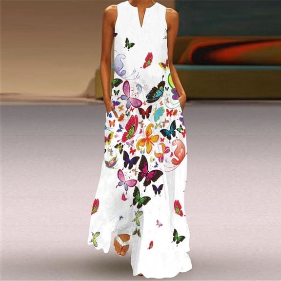 Women's Vintage Printed Long Dress V-neck Sleeveless Pocketed Summer Sexy Dress