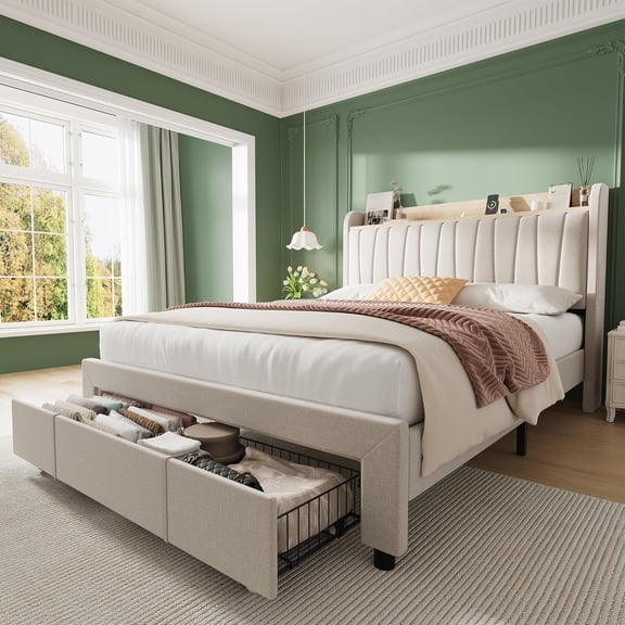Upholstered Bed Frame with Storage Headboard and Charging Station, Platform Bed Frame with Drawers, Heavy Duty, No Box Spring Needed, Easy Assembly, Beige, Full Size