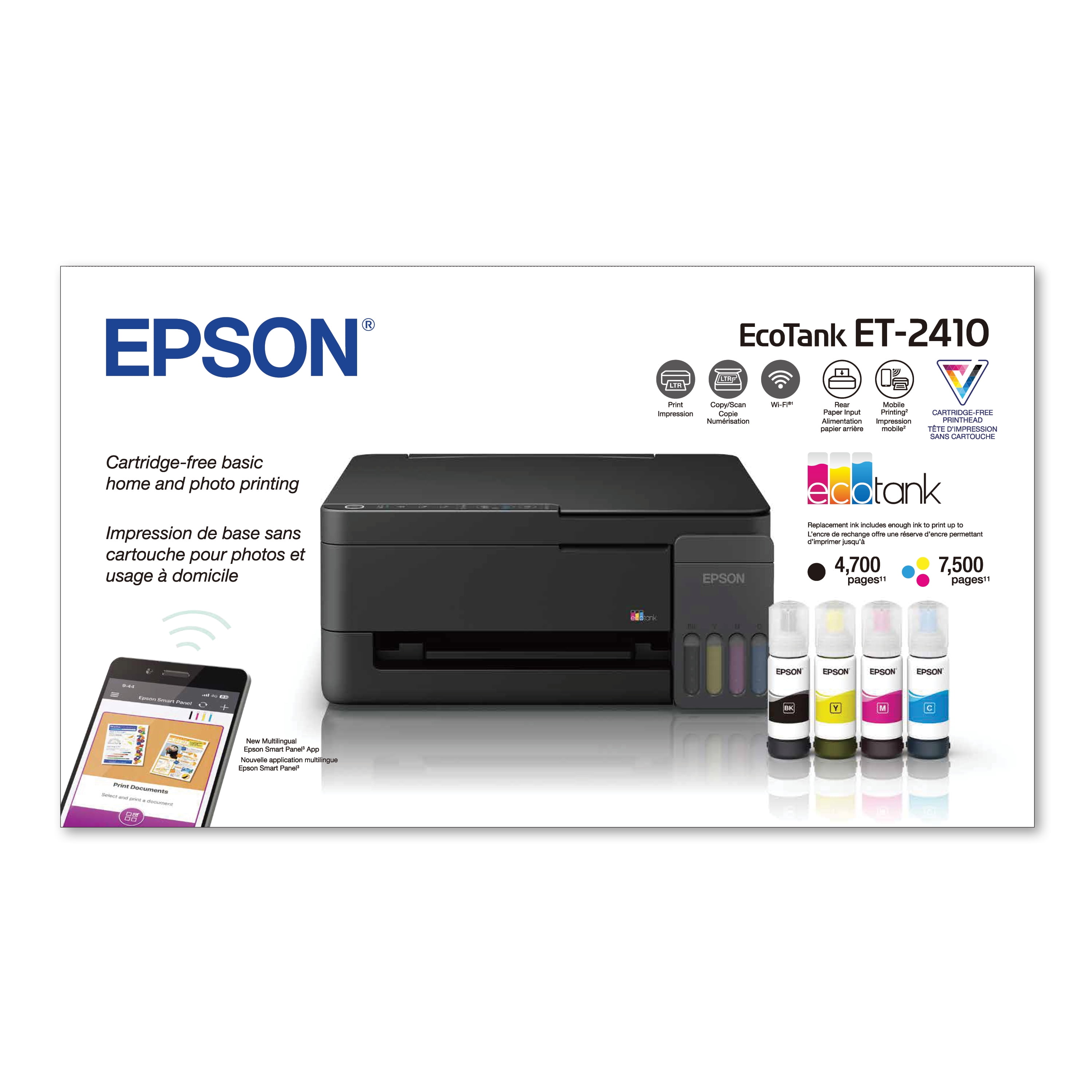 Epson EcoTank ET-2410 Wireless All-in-One Color Supertank Printer with up to 3 Years of Ink, Refillable Tanks, Perfect for Home, 11 PPM, Built-in Scanner – Black