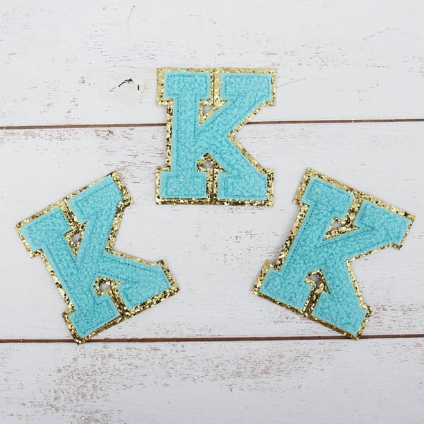 3 Pack Chenille Iron On Glitter Varsity Letter "K" Patches Blue Chenille Fabric With Gold