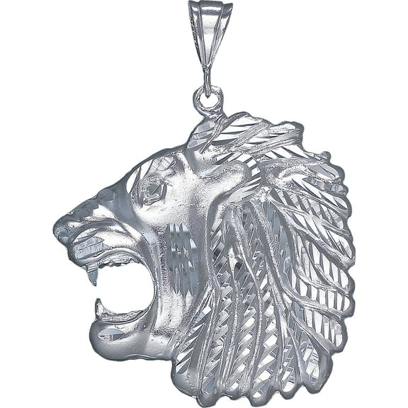 Huge Heavy Sterling Silver Lion Head Pendant Necklace 25 Grams 2.9 Inches with Diamond Cut Finish and 24 Inch Figaro Chain