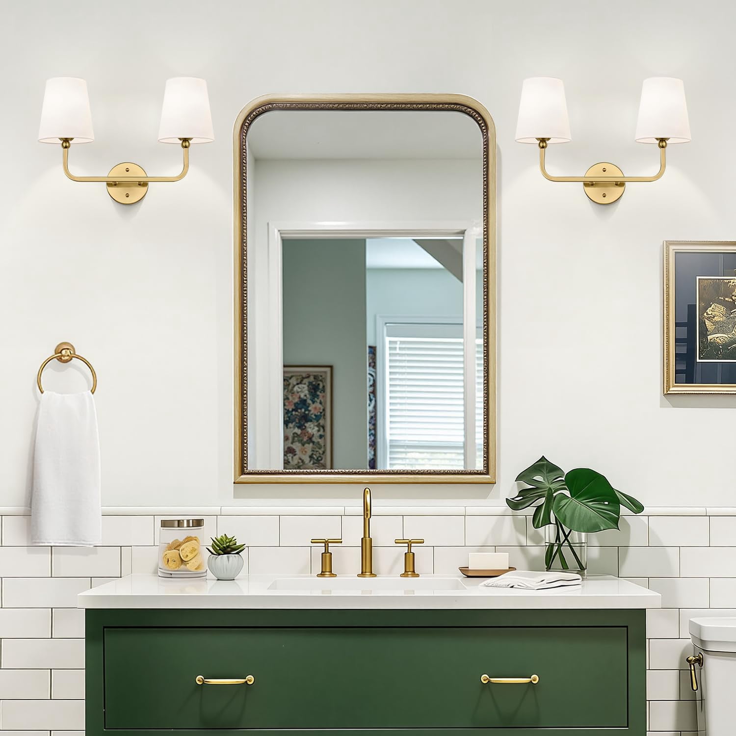 Bathroom Light Fixtures  2-light Brushed Gold Vanity Lights Lighting Over Mirror With Flared White Fabric Shade Modern Wall Sconces For Living Room Hallway