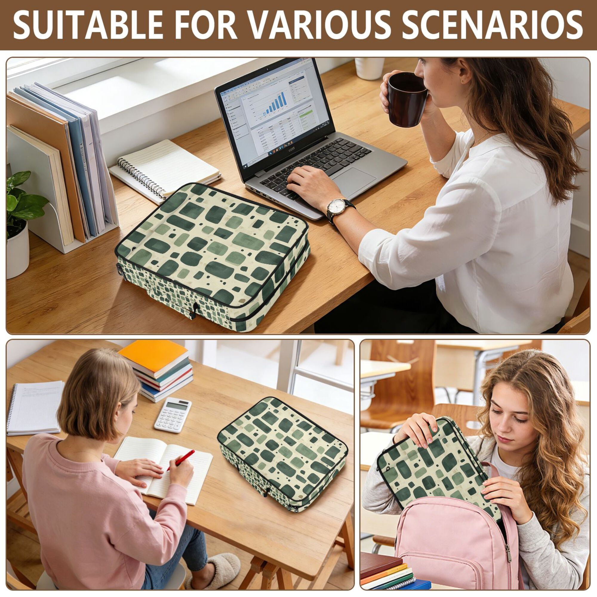 FORMRS Accordion File Folder A4 Size 7-Pocket Expanding Document Organizer Bag with 3 Ring Binder, Green Geometric