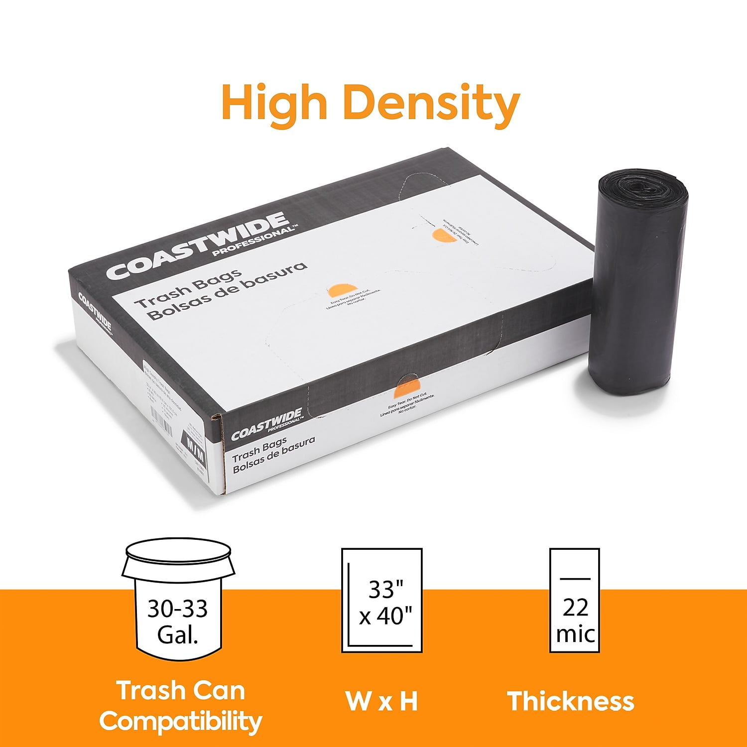Staples Coastwide Professional 30-33 Gallon Trash Bag 33" x 40" High Density 22 mic Black 200
