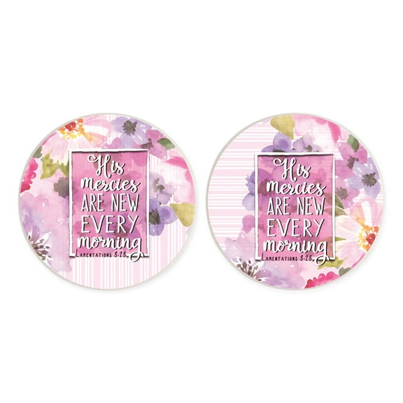 Mercies New Morning Floral Pink 2.75 x 2.75 Ceramic Car Coasters Pack of 2