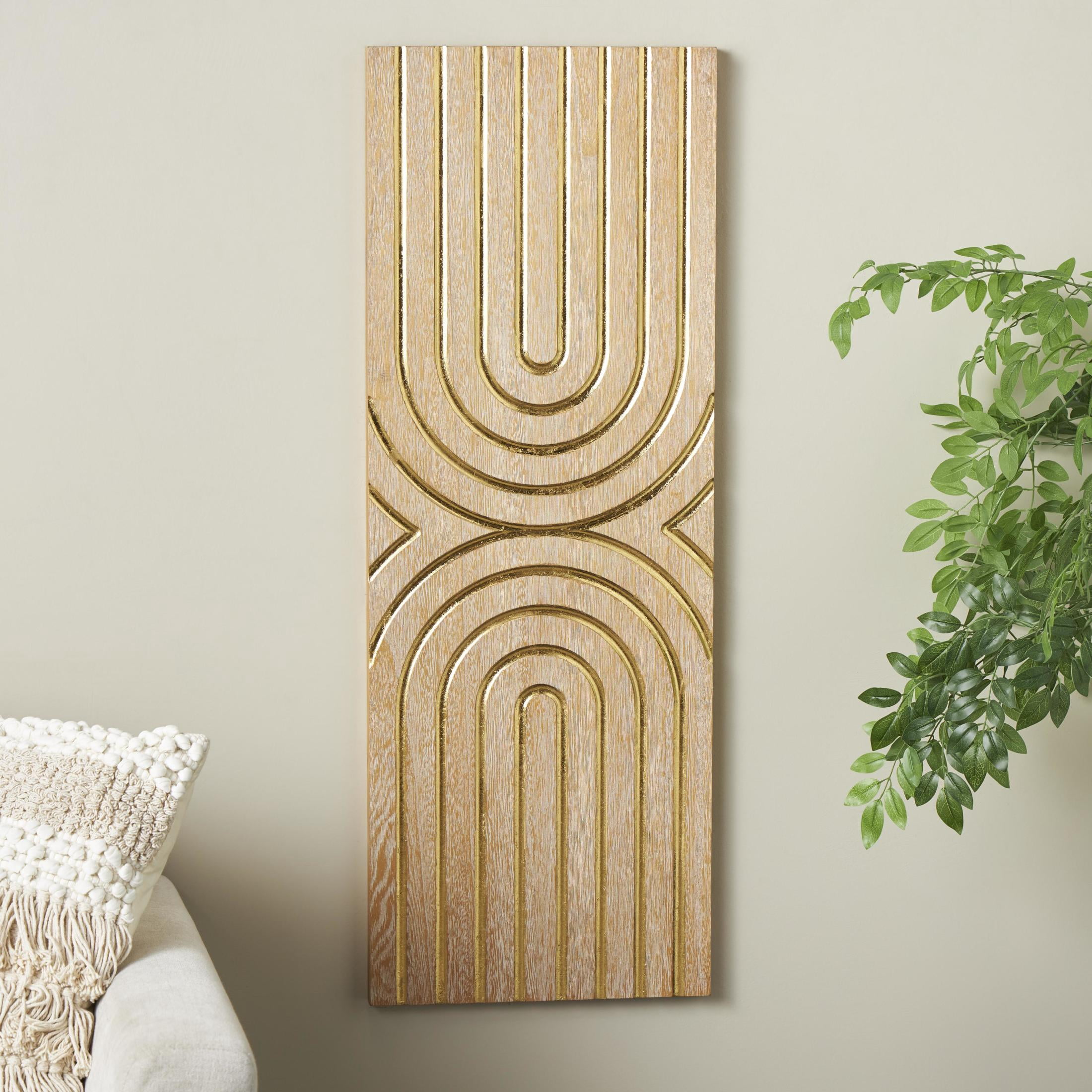 DecMode Light Brown Wood U Shapes Panel Geometric Wall Decor with Overlapping Gold Arches
