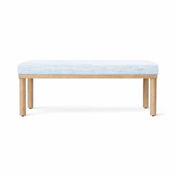 Upholstered Bench With Blue Pinstripe Fabric Seat And Light Wood Legs