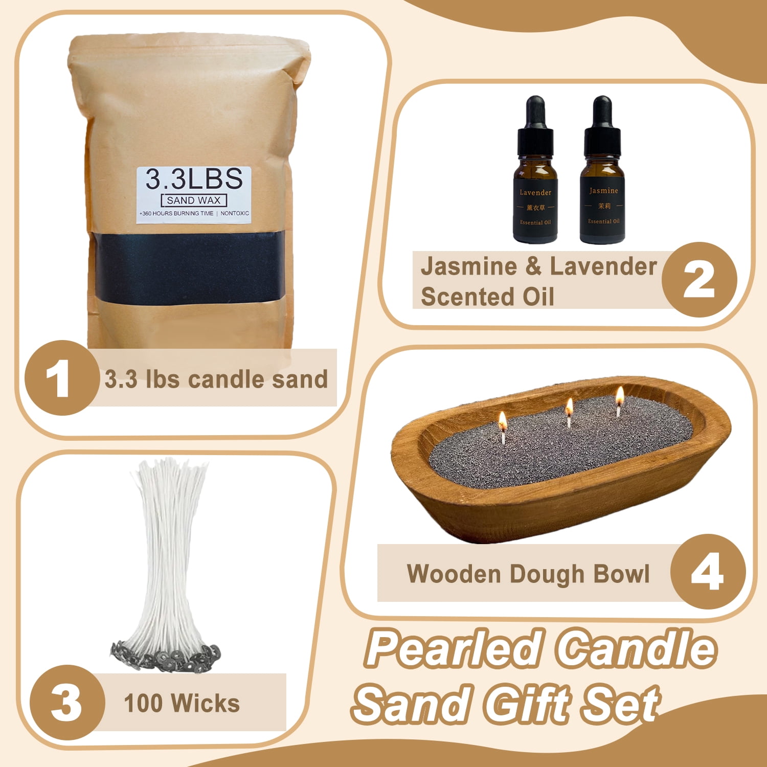 Pearled Candle Sand Gift Set with Wicks,3.3 lbs Sand Wax Candle Kit:Wooden Dough Bowl,100 Wicks,Scented Oil,Up to 360 Hours Burn Time,Non-Toxic,Reusable Candle Making Kit,Black