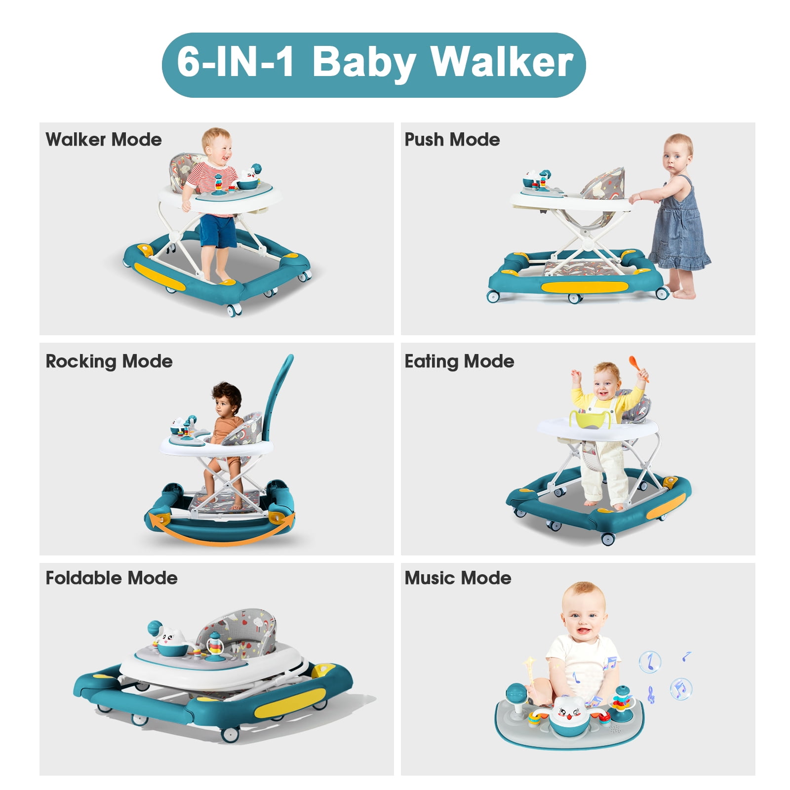 FACNOATIHN 6-in-1 Baby Walker, Foldable Push Walker with Musical Activity Station, 6-24 Months, Green
