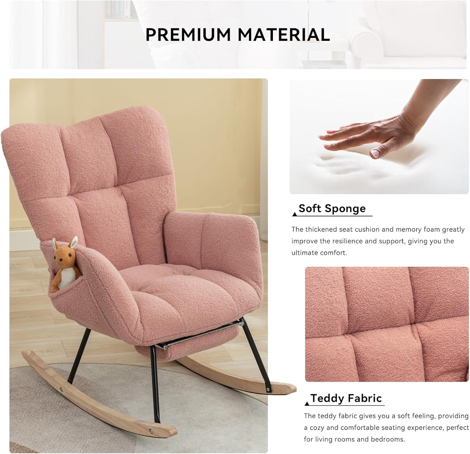 Rocking Chair Nursery Teddy Upholstered Glider Rocker High Backrest Nursery Rocker Comfortable Armchair