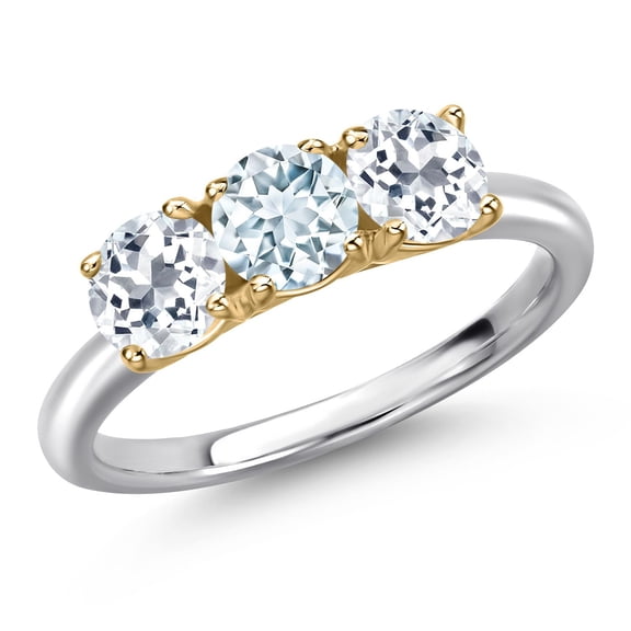 Gem Stone King 925 Silver and 10K Yellow Gold Sky Blue Aquamarine and White Topaz Engagement Ring for Women | 1.70 Cttw | Round 5MM | Gemstone March Birthstone | Size 9