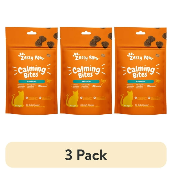 (3 pack) Zesty Paws Calming Bites for Cats, for Calmness, Composure & Relaxation, Bacon 30 ct