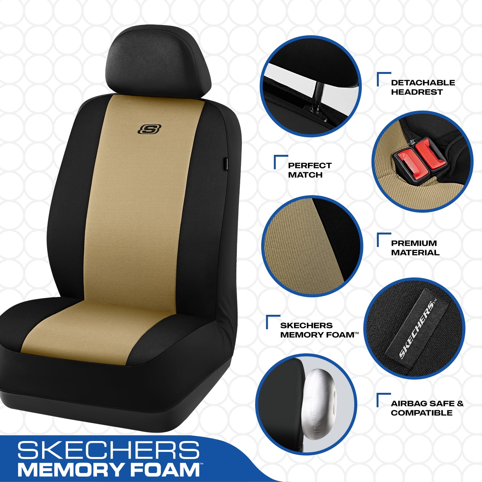 Skechers Memory Foam Fabric Car Seat Cover, Breathable, Comfortable Support, Easy Install, Stylish Design, Universal Fit for Cars and SUVs Beige