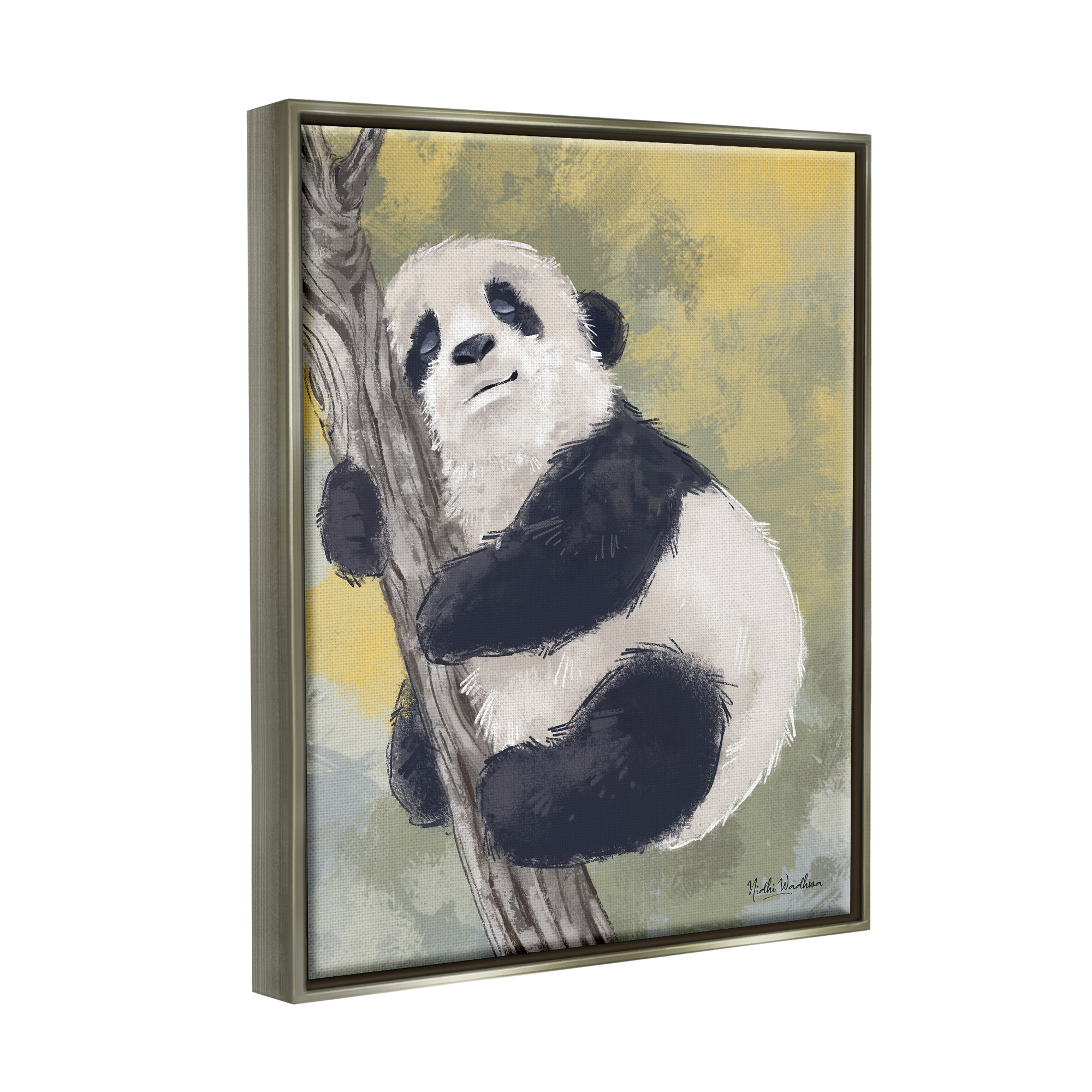 Stupell Industries Panda Cub on Branch Animals & Insects Painting Gray Floater Framed Art Print Wall Art, 17 x 21