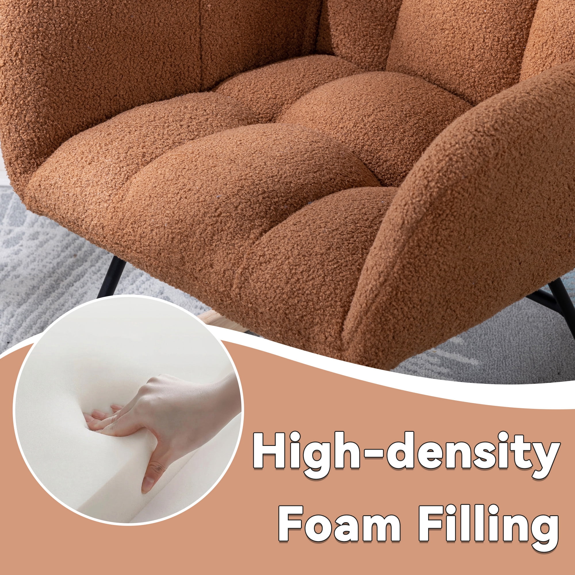 Leumius Rocking Chair Nursery,Teddy Upholstered Glider Rocker with High Backrest,Modern Rocking Accent Chairs Glider Recliner for Living Room, Nursery, Bedroom,Brown