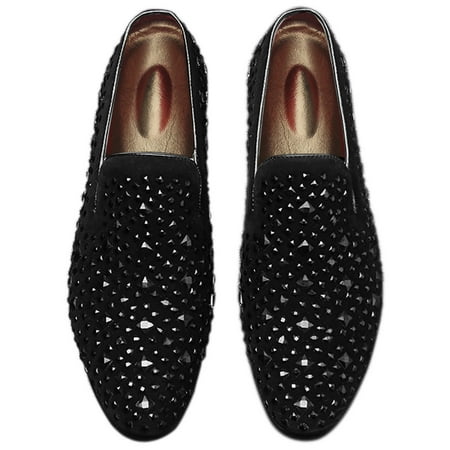 

Santimon Men Velvet Loafers Rhinestone Flats Slip On Dress Tuxedo Shoes Black 9.5 US