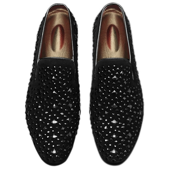 Santimon Men Velvet Loafers Rhinestone Flats Slip On Dress Tuxedo Shoes Black 7.5 US