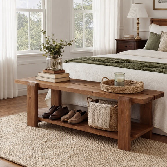 Fnova 63" Long Solid Wood End of Bed Bench with Storage Shelf, Farmhouse Entryway Bench for Living Room, Brown