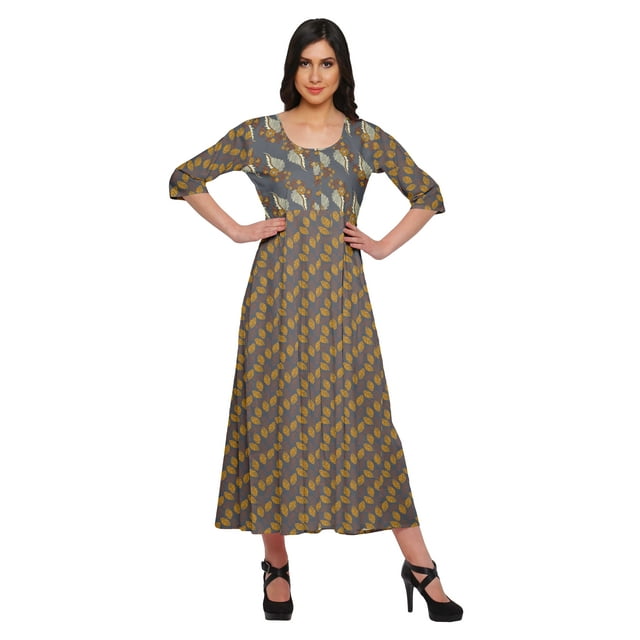 Moomaya Haut Indien Imprimé Robe Kurti Longue Tunique à Manches 3/4 Robes pour Femmes