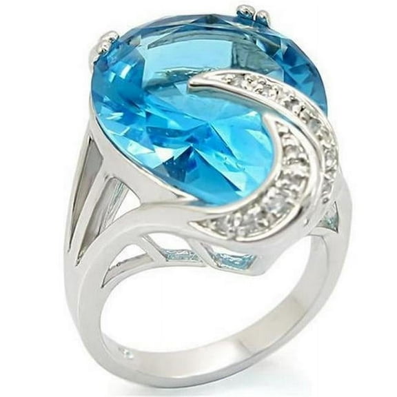 Alamode 0W343-5 Rhodium Brass Ring with Synthetic Glass, Sea Blue - Size 5