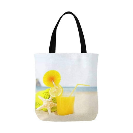 ASHLEIGH Orange Juice Drinks Starfish on Tropical Summer Beach Canvas Tote Bags Reusable Shopping Bags Grocery Bags Party Supply Bags for Women Men