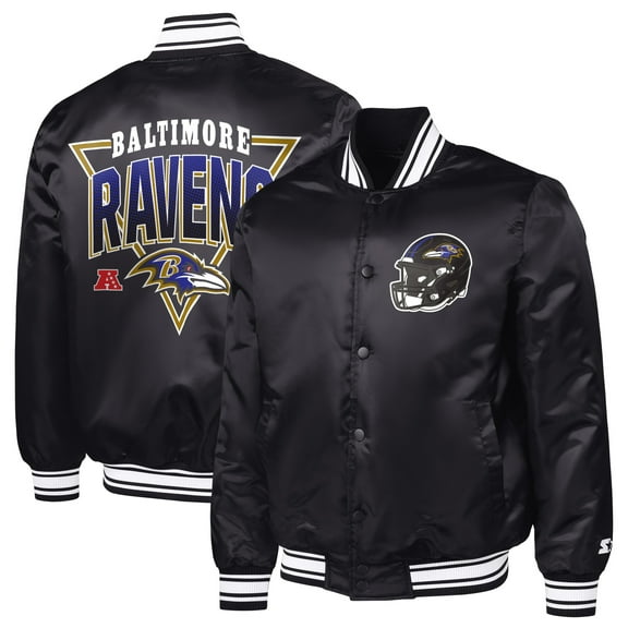 Men's Starter Black Baltimore Ravens Printed Triangle Graphic Satin Full-Snap Varsity Jacket