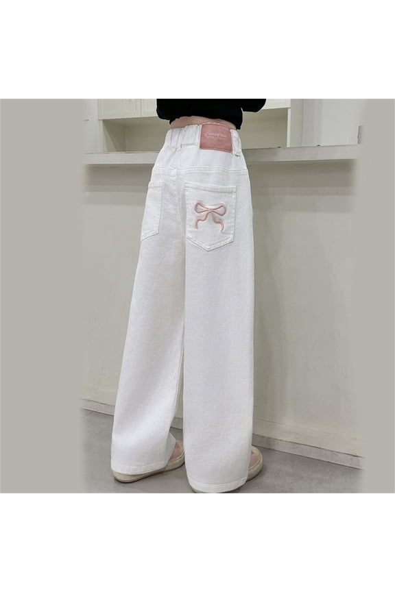 Pants for Girls Size 3-4Y Kids Cotton High Waist Straight Wide Trousers Breathable
