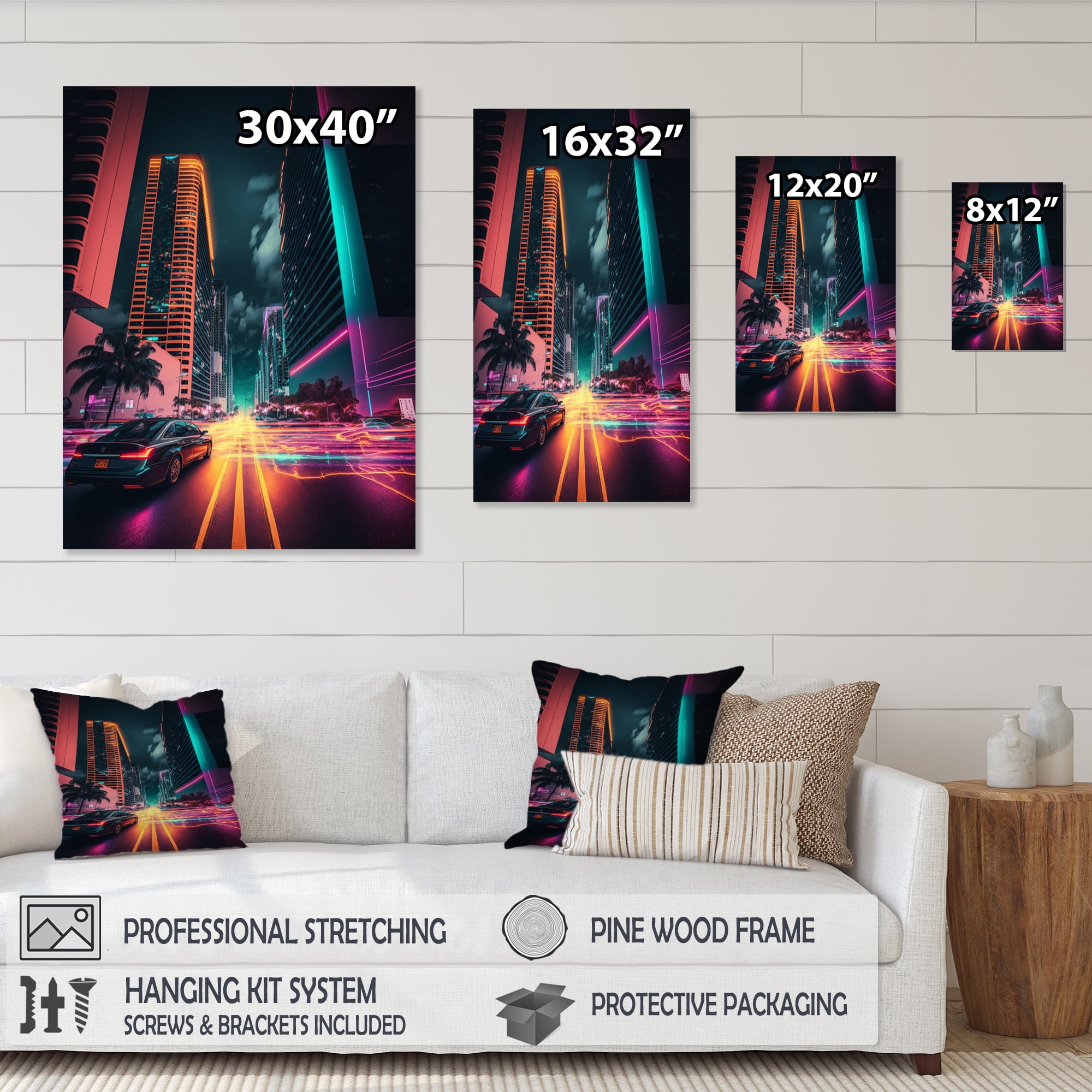 Designart Futuristic Miami Neon Art V Canvas Wall Art