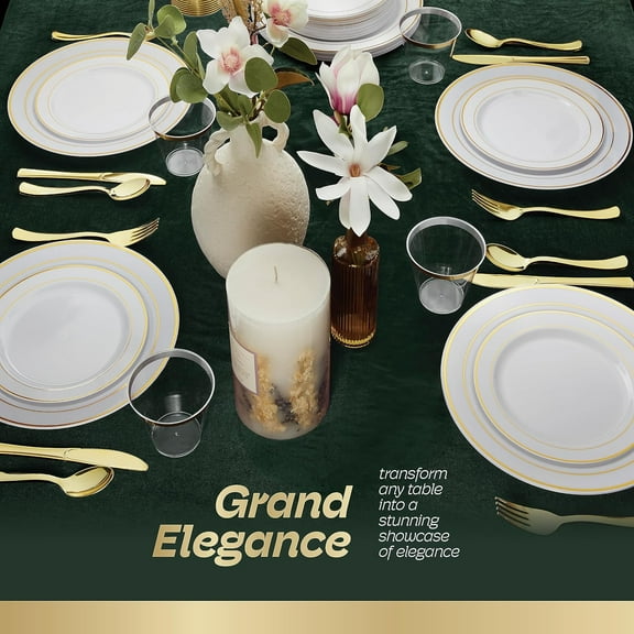 600pcs Plastic Dinnerware Set 100 Guest, Gold Plastic plates for party, Gold Party Plates Sets For 100 Guests, Wedding Plates Disposable Set Includes Also Cups, And Cutlery.