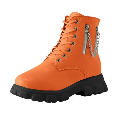 

Qufokar Fall Boots Women Knee High Platform Boots for Women Ladies British Style Solid Color Leather Chain Side Zipper Thick Soled Fashion Short Boots