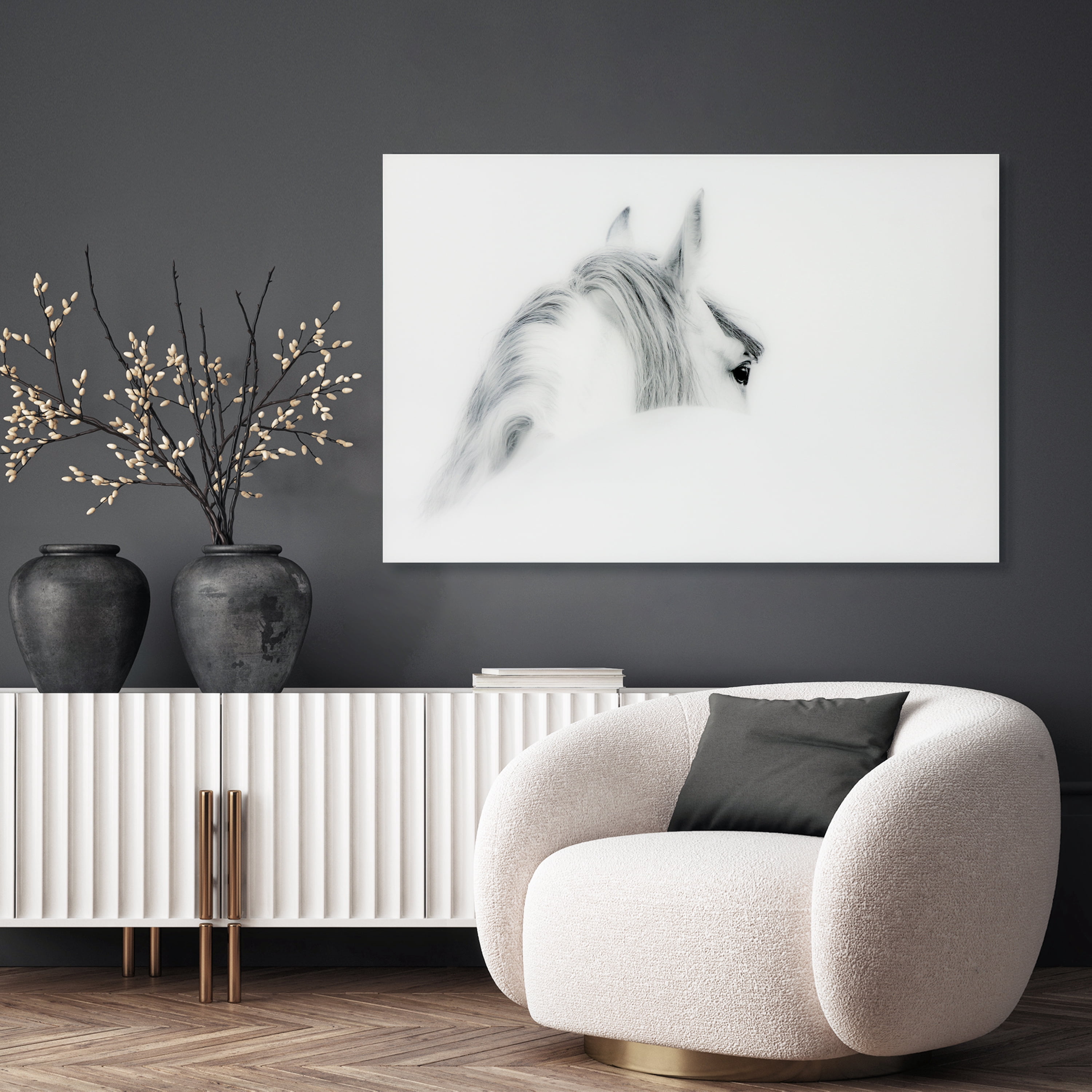 Empire Art Direct Blanco Mare Horse Frameless Free Floating Tempered Glass Panel Graphic Wall Art, 48" x 32" x 0.2", Ready to Hang