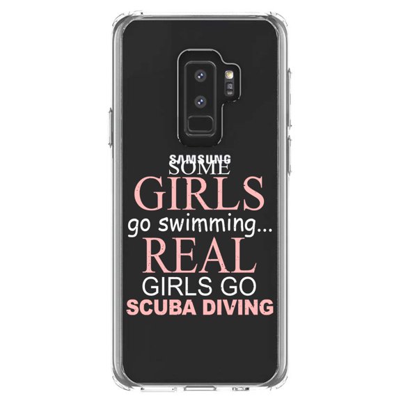 DistinctInk Clear Shockproof Hybrid Case for Samsung Galaxy S9  PLUS (6.2" Screen) - TPU Bumper Acrylic Back Tempered Glass Screen Protector - Real Girls Go Scuba Diving