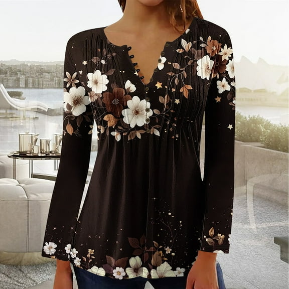 YOTAMI Button Up Blouses for Women V-Neck Plus Size Blouse for Casual Wear Long Sleeve Printed Ruffled Fall Fashion Tops Multicolor L