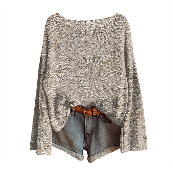 WTOBBY Women's Lightweight Knit Pullover Sweater with Round Neck, Long Sleeve Casual Design for Comfort, Soft and Breathable, Perfect for Layering and Relaxed Wear,Beige L