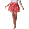 thumbnail image 1 of Falda mini skater floral de mujer Allegra K con cintura elástica y dobladillo en capas roja, 1 of 6