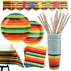 102 Piece Fiesta Party Supplies Set Including Banner, Plates, Cups, Napkins, Tablecloth, Straws, Serves 20