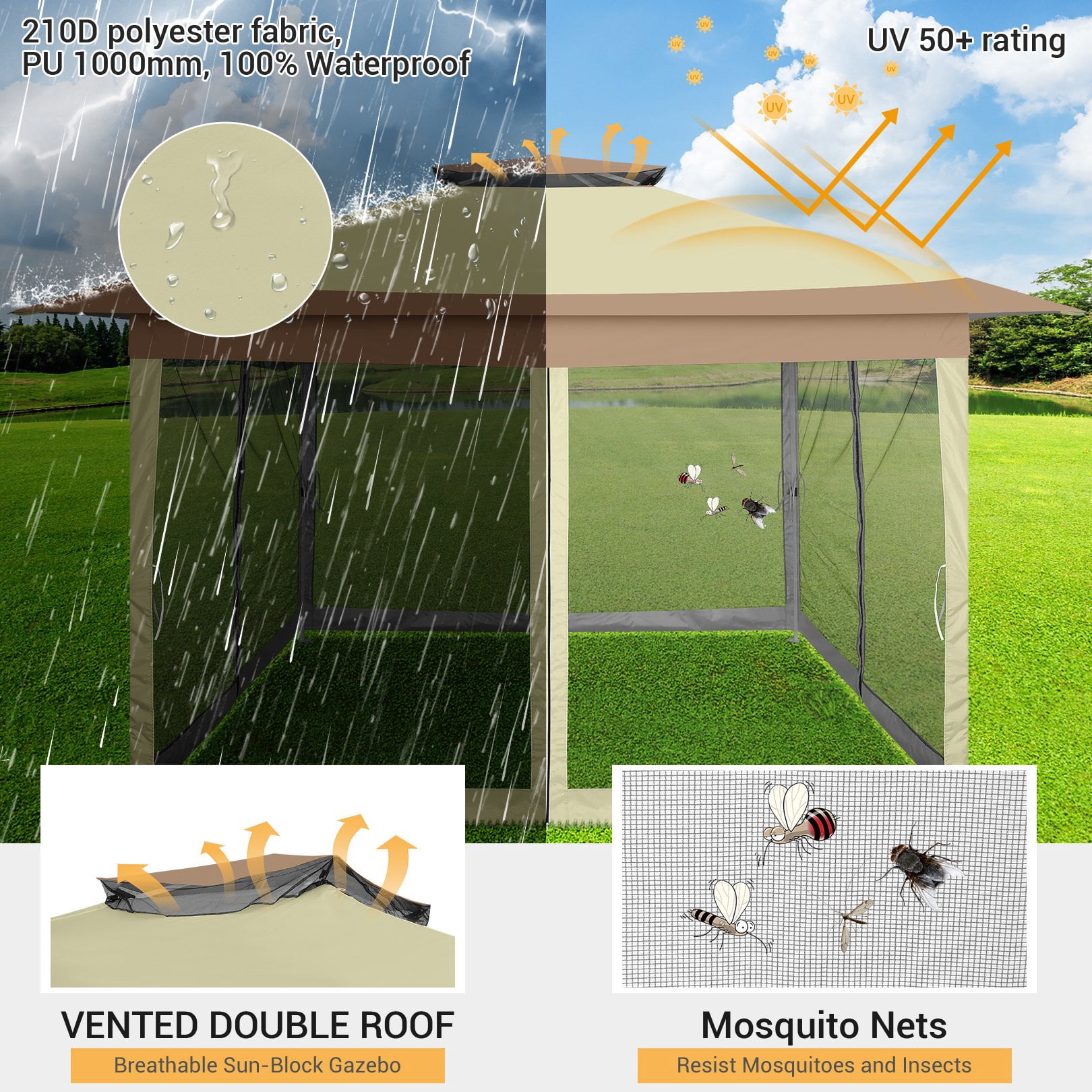 SANOPY 12'x12' Pop Up Gazebo Tent, Rainproof UV Resistant Double Eaves Gazebo with Removable Mosquito Net Sidewalls, Carry Bag, Gazebo Canopy for Camping, Garden, Lawn