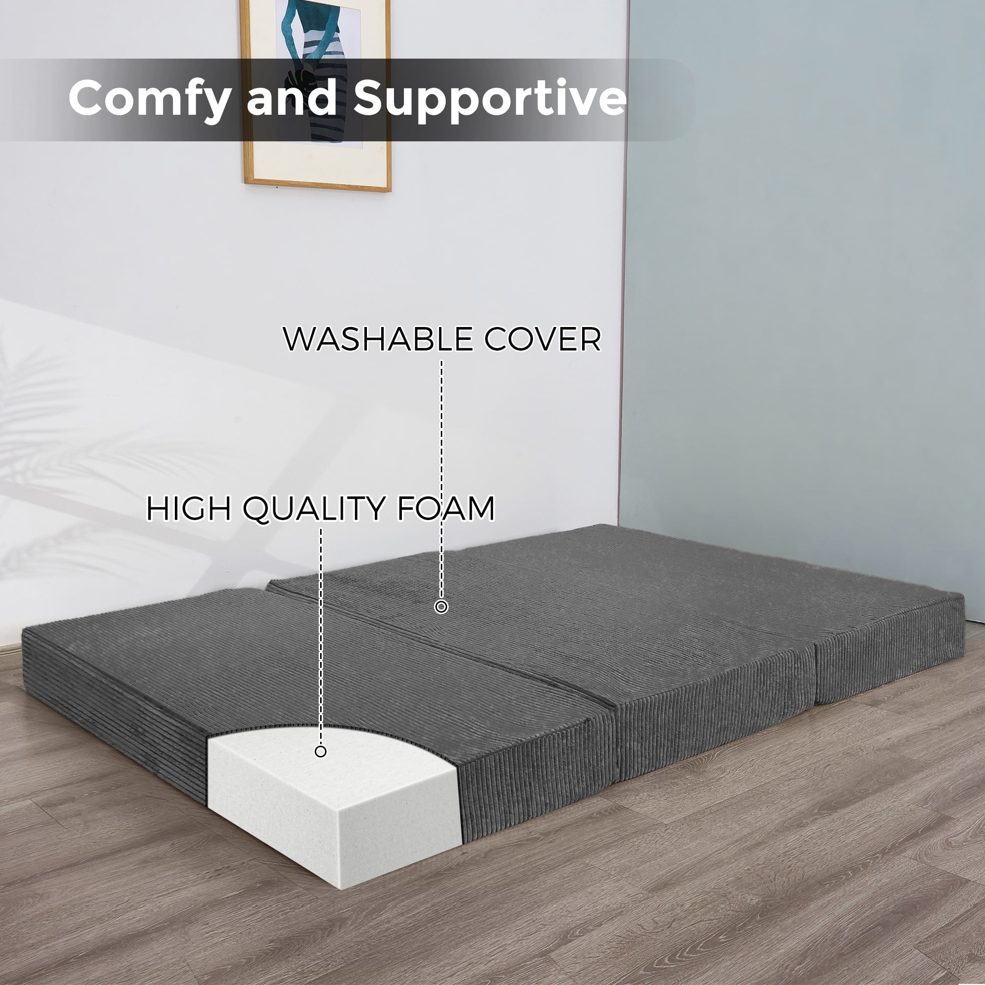 MAXYOYO 6 inch Folding Corduroy Mattress, Tri Fold Floor Mattress thick with Washable Cover,Foldable in Three,Space-Saving for Guest (Dark Grey, Full)