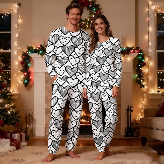 Dianli Gifts Couple Pajamas Matching Valentines Printed Long Sleeve Round Neck Top with Double Pocket Pants Pajama Set for Men Soft Cotton Blend Elastic Waist Comfortable Home Sleepwear