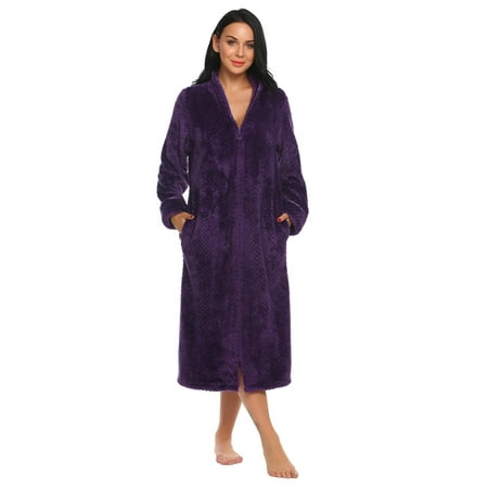 Women Hooded Solid Fleece Sleepwear Wrap Robe Bathrobe Long Sleeve RllYE