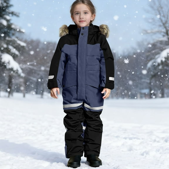 Snow Suit for Kids One Piece Windproof Waterproof Zip up Hooded Overalls Girls Boys Winter Outdoor Stand Collar Snowboarding Ski Suit with Pockets